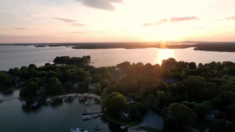 Lake-Norman-Aerial-Tiltup-at-Sunset,-Lake-Norman-NC,-Lake-Norman-North-Carolina