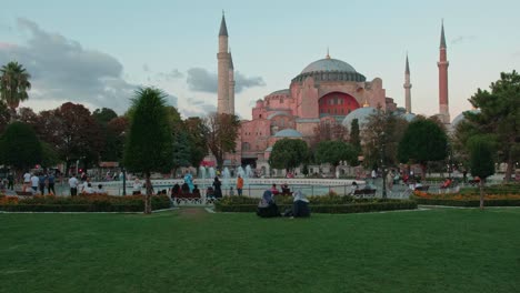 Pan-to-Hagia-Sophia-in-Istanbul-on-warm-windy-summer-evening-during-Covid-pandemic