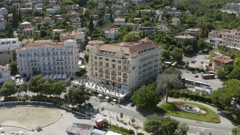 Grand-Exterior-Of-The-Hotel-Palace-Bellevue-In-Opatija-Croatia---aerial-shot