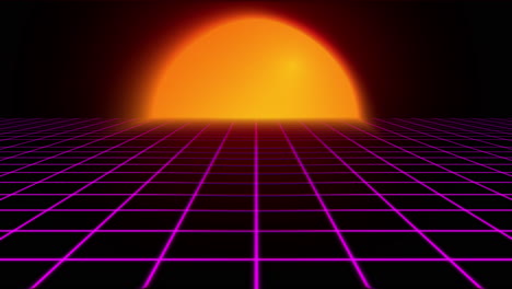 Retro-Neongitter-Und-Sonnenuntergang-Im-80er-Jahre-Stil-–-Animierte-Hintergrund-Endlosschleife