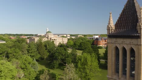 Iowa-State-University-Bell-Tower,-Beardshear-Hall,-Campus-Lawn,-Beautiful-Aerial-Establishing-Shot