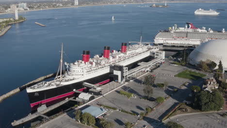 Epic-aerial-pull-in-to-a-Covid-era-Queen-Mary-in-Long-Beach-California