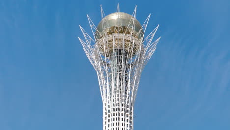 Close-up-of-the-top-of-the-Baiterek-tower-in-astana-Kazakhstan-city-center,-Symbol-of-post-independence-Famous-landmark-tourist-destination
