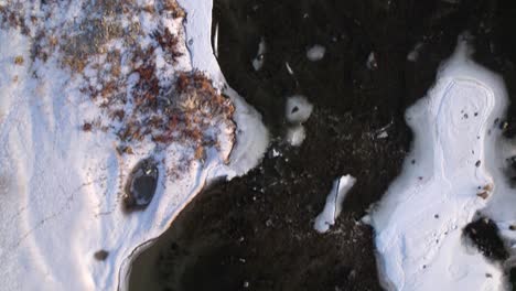 Vogelperspektive-Auf-Den-Gefrorenen-Fluss,-Der-Mit-Weißem-Schnee-Bedeckt-Ist