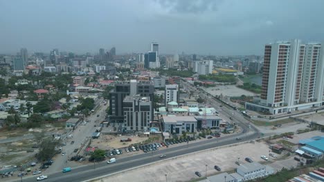 Victoria-Island-Lagos,-Nigeria---20-Feb-2022:-drone-view-of-cars-and-traffic-on-Ahmadu-Bello-Way,-Victoria-Island-Lagos