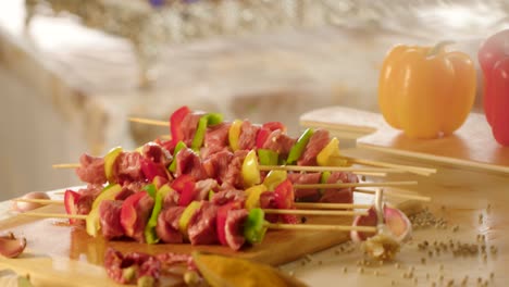 Raw-barbecue-beef-skewers-on-table