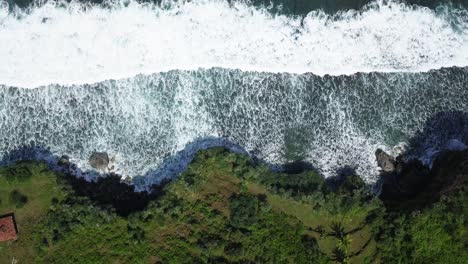 Overhead-drone-shot-of-waves-hit-the-cliff-with-overgrown-green-trees