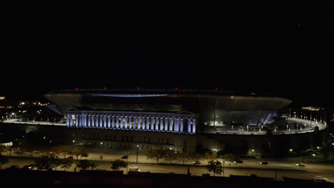 Drone-Shot-Reveals-Historic-Soldier-Field-Columns-at-Night-and-Full-Stadium-in-the-Windy-City