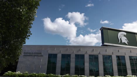 Exterior-of-Spartan-Stadium-on-the-campus-of-Michigan-State-University-in-East-Lansing,-Michigan-with-slow-motion-pan-left-to-right