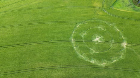 Birdseye-aerial-view-above-precise-geometric-crop-circle-in-lush-grassy-Wiltshire-farmland-2022