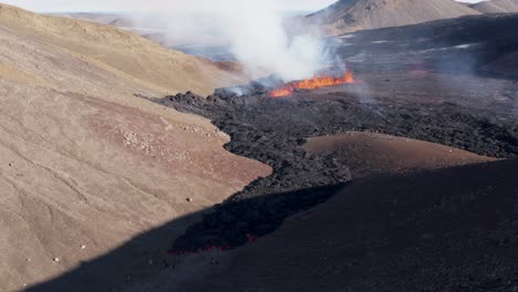 Day-time-at-new-2022-volcano-eruption-in-Iceland,-Meradalir-valley,-aerial
