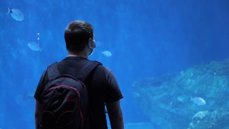A-giant-shark-swims-by-a-masked-man-carrying-a-black-backpack-at-the-aquarium