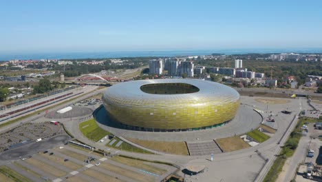 Cinematic-Establishing-Aerial-View-of-Polsat-Plus-Arena-in-Gdansk,-Poland