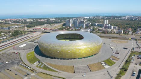 Establishing-Shot-of-Football-Stadium-in-Gdansk,-Poland