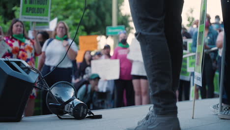 Los-Angeles,-California---May-4,-2022:-A-Presenter-stands-by-a-megaphone-at-a-pro-choice-abortion-rights-rally-in-Downtown