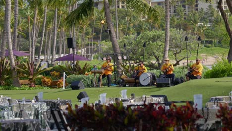 Luau-band-practicing-before-a-show-at-Wailea-beach-resort-in-Maui,-Hawaii