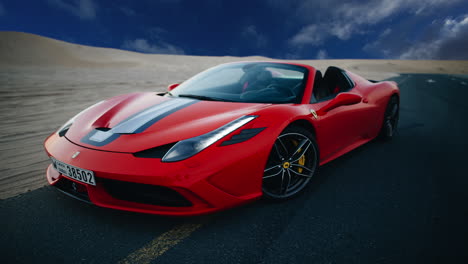 Ferrari-Sports-Red-Muscle-Car,-Zeitraffer-Himmelersatzeffekt,-Automobil,-Transport,-Fahrzeug,-Power-Luxus,-Moderne-Rennillustration