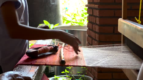 Weaving-Braiding-Manual-Machine,-Handicraftsman-Craftsman-Worker-Working-in-Traditional-Rugs-Workshop-Manufacture,-Manual-Labor-Using-Hands-for-Creative-Artisan-Fabric-Handloom-Craftwork,-Mexico