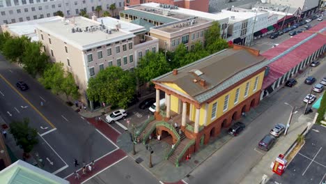 A-drone-Shot-Orbiting-Market-Hall-in-downtown-Charleston,-SC