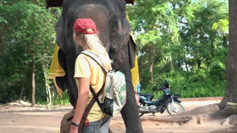 Tourist-Streichelt-Elefantenrüssel-In-Der-Nähe-Von-Angkor-Wat