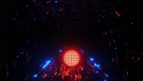 Rot-Leuchtende-Kugel,-Die-Sich-In-Blau-Beleuchtetem-Zerbrochenem-Glas-Vorwärts-Dreht-Und-Die-Oberflächenarchitektur-Reflektiert,-Gerenderte-3D-Grafikanimation