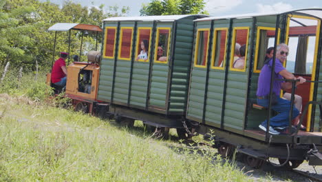 Shot-of-small-old-fashioned-train-in-Arenal-national-park-in-Costa-Rica