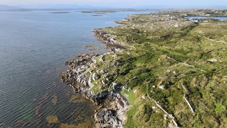 Stunning-Coral-Reef-Under-The-Shallow-Clear-Blue-Water-At-The-North-Atlantic-Ocean-In-Connemara,-Ireland-With-Lush-Rocky-Coast-On-A-Sunny-Day---aerial