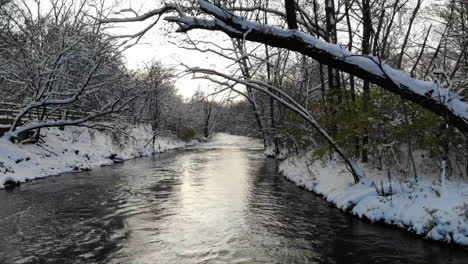Disparo-De-Un-Dron-Flotando-Sobre-Un-Río-Caudaloso-En-Un-Bosque-Cubierto-De-Nieve-En-Michigan,-EE.UU.