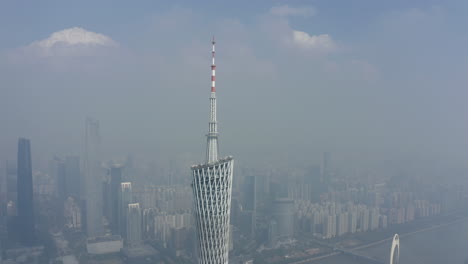 Slow-Aerial-turn-around-top-of-Canton-Tower-with-top-mast-and-observation-deck-with-observation-wheel-cabins