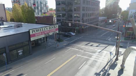 Historic-aerial-footage-of-Powellâ€™s-Books-in-Portland,-Oregon-with-empty-streets-due-to-COVID-19