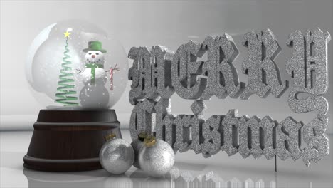 Eine-äußerst-Realistische-3D-CGI-Grafik-Mit-Silberglitzernden-Weihnachtsdekorationen-Und-Einer-Schneemann-Schneekugel-Auf-Einem-Nahtlosen-Hintergrund,-Mit-Einer-Klassischen-Frohe-Weihnachts-Botschaft-In-Silbernem-Glitzer