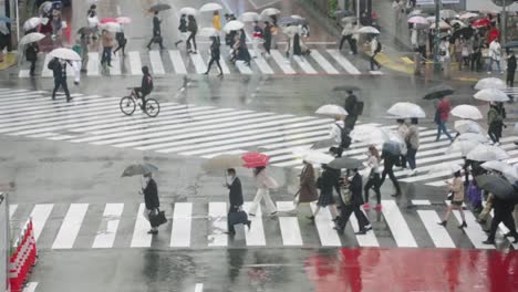 Arbeiter-Halten-Regenschirme-Hoch,-Während-Sie-Während-Der-Regenzeit-Am-Shibuya-Kreuz-In-Tokio,-Japan,-Spazieren-Gehen-–-Teleaufnahme