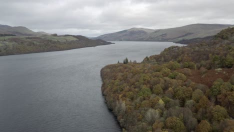 An-aerial-view-looking-down-Loch-Tay-on-an-autumn-day,-Perthshire,-Scotland
