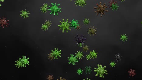 Green-viruses,-or-coronavirus,-pulsing,-moving-randomly-and-smoothly-with-particles-on-black-background,-3D-rendering-animation-concept