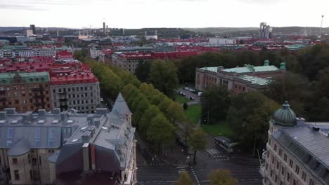 Vasagatan-in-Gothenburg,-Sweden-from-above-with-drone-flying-by