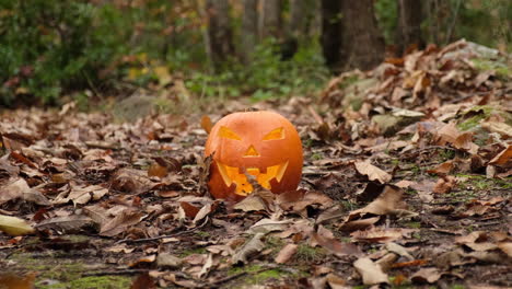Hallowing-scary-pumpkin-and-falling-autumn-leaves-in-the-forest