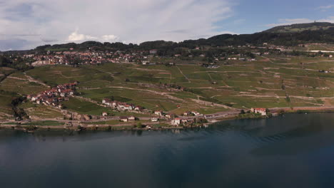 Aerial-overview-of-scenic-small-town-near-a-beautiful-lake