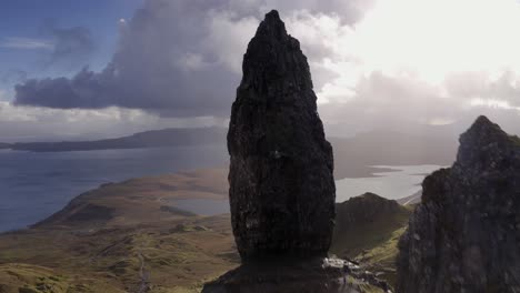 Aerial-Drone-flyover-of-Old-Man-of-Storr-into-storm-clouds-in-Skye-Scotland-Autumn