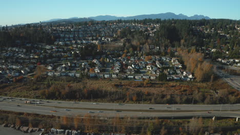 Panoramic-aerial-drone-view-of-Coquitlam,-British-Columbia,-Canada