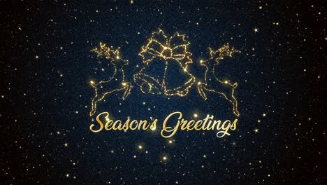 Beautiful-Seasonal-animated-motion-graphic-of-reindeers-and-bells-depicted-in-glittering-particles-on-a-starry-background,-with-the-seasonal-message-ï¿½Seasonï¿½s-Greetingsï¿½-appearing