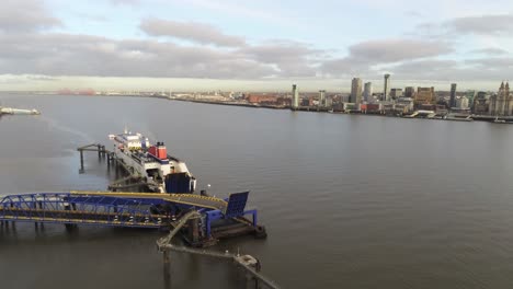 Stena-Line-logistics-ship-terminal-aerial-view-Birkenhead-Liverpool-harbour-city-landscape-descending