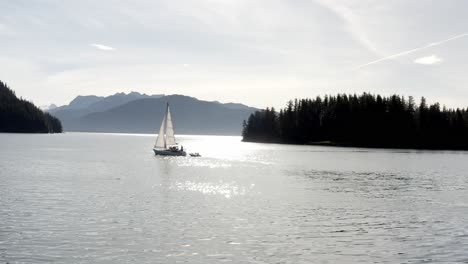 Sailing-Boat-in-Ocean-Lagoon-of-Prince-William's-Sound,-Alaska-USA-on-Sunny-Day