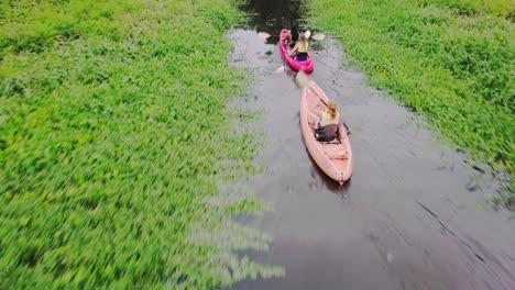 Close-up-view-of-kayakers-paddling-on-the-river-through-lush-marshes