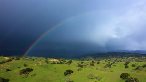 Kalifornisches-Ackerland-Mit-Rindern,-Kühen-Und-Doppeltem-Regenbogen-Vor-Schneebedeckten-Bergen,-Drohnenaufnahme,-4K-Prores