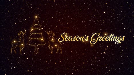 Beautiful-Seasonal-animated-motion-graphic-of-reindeers-and-Christmas-Tree-depicted-in-glittering-particles-on-a-starry-background,-with-the-seasonal-message-�Season�s-Greetings�-appearing