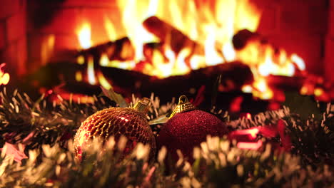 Christmas-fireplace-decoration,-ball-and-garland