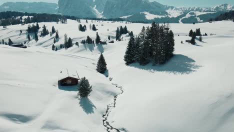 Reveal-shot-of-a-meadow-with-hut-and-mountain-view-in-winter