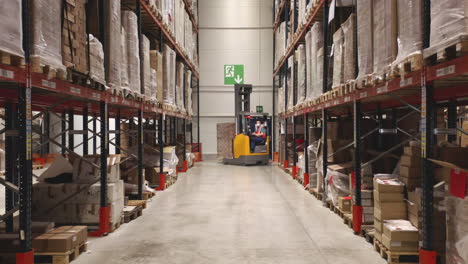 A-Forklift-Operator-Driving-In-A-Shipping-Distribution-Facility,-Courier-Transportation-Industry