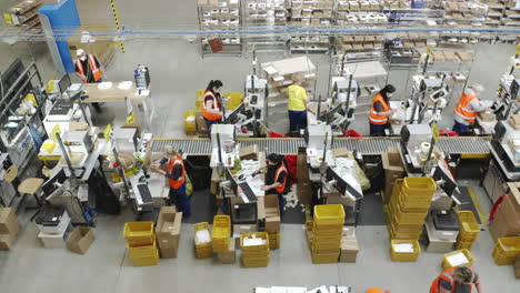 Trabajadores-De-Instalaciones-De-Distribución-Clasificando-Paquetes-Para-Envío,-Industria-De-Mensajería-Internacional
