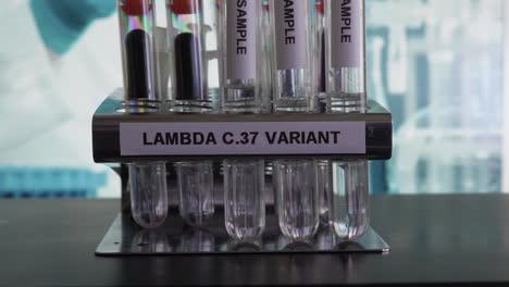 Reagenzglasproben-Der-Lambda-C37-Variante-Werden-In-Ein-Gestell-Gestellt